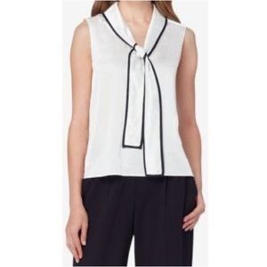 Tahari sleeveless white and black trim tie neck blouse